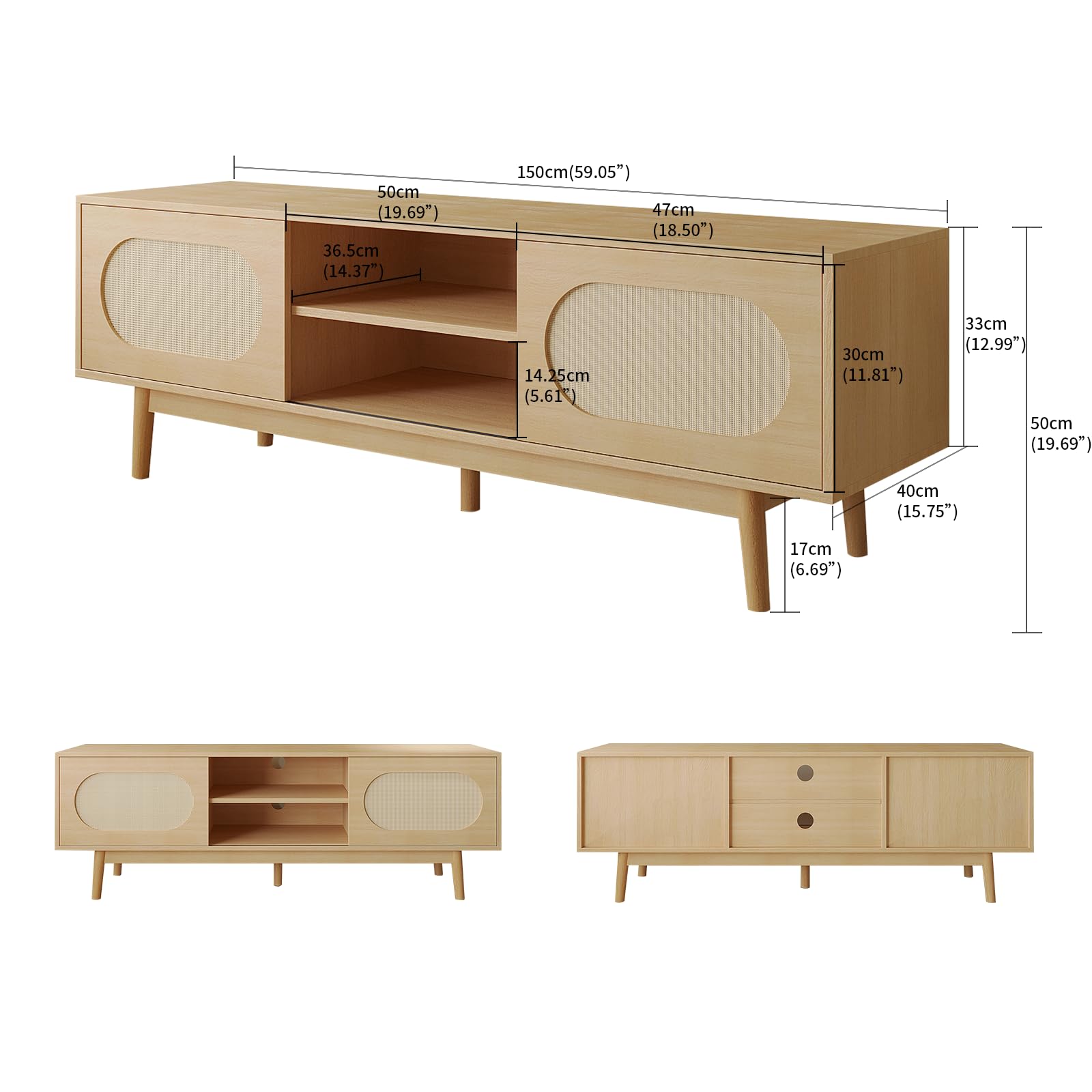 Farmhouse Rattan TV Stand for 55/60/65 inch TV, Modern Entertainment Center with Natural