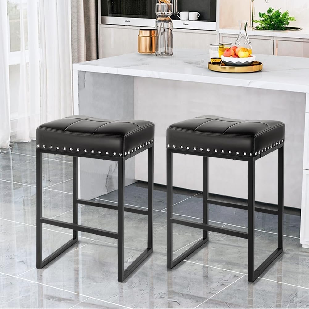 Bar Stools Set of 2 Counter Height Stools 24-Inch Saddle Seat PU Leather Kitchen Stools