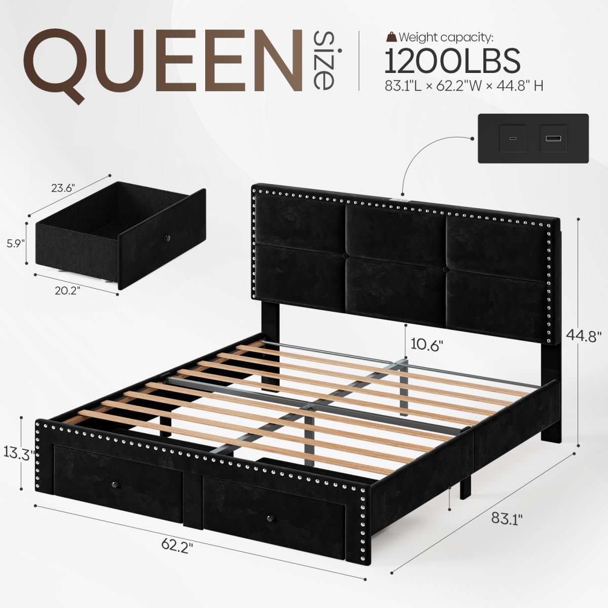 Queen Bed Frame with Storage Drawers and Charging Station