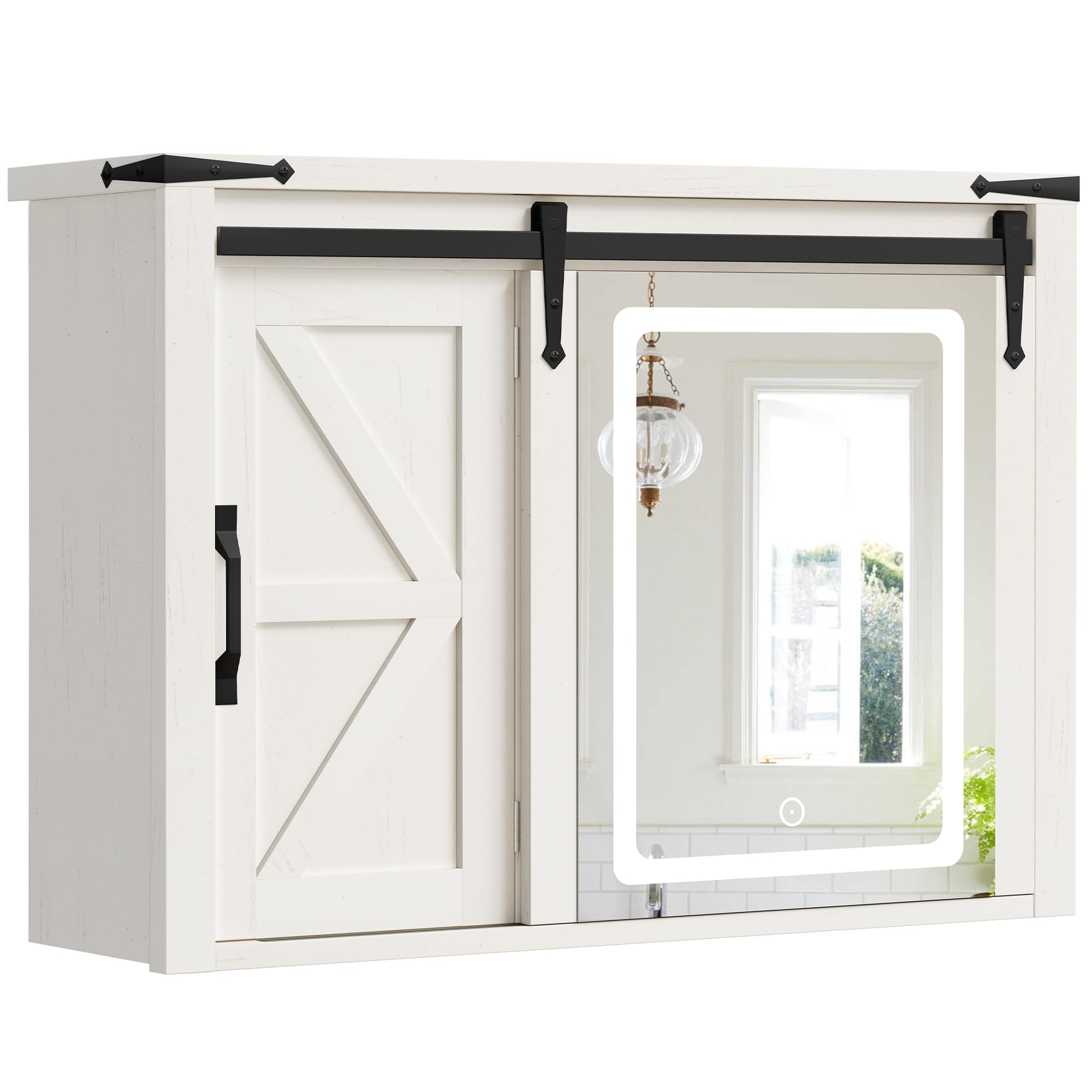 Farmhouse Medicine Cabinet Mirror with Lights, Bathroom Wall Cabinet w/Rustic Sliding