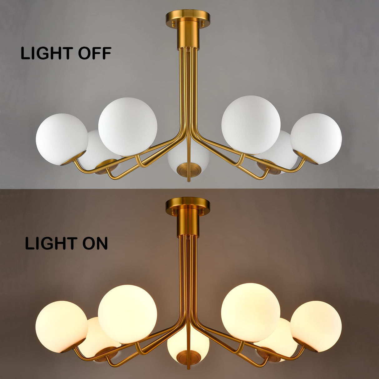 Modern Gold Semi Flush Mount Ceiling Light with White Glass Shade 7-Light Mid Century