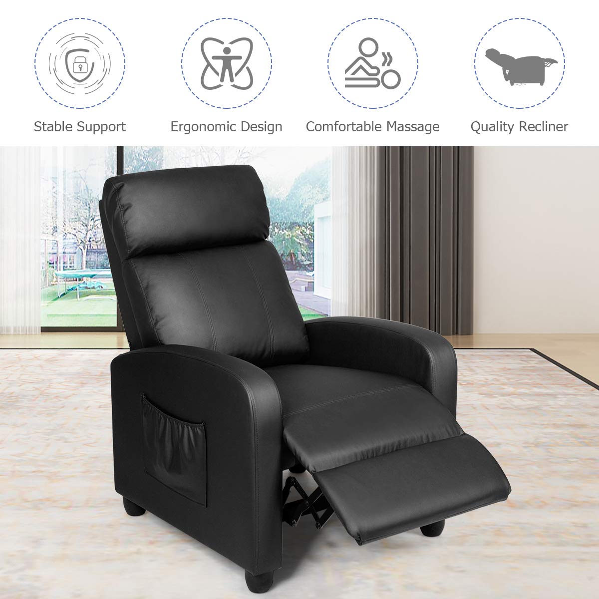 Recliner Chair, Massage Wingback Single Sofa w/Side Pocket, Fabric Recliner