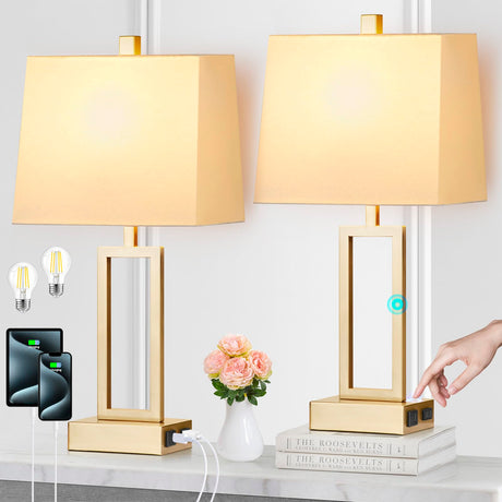 Touch Control Table Lamps Set of 2, Modern Gold Bedside Lamps