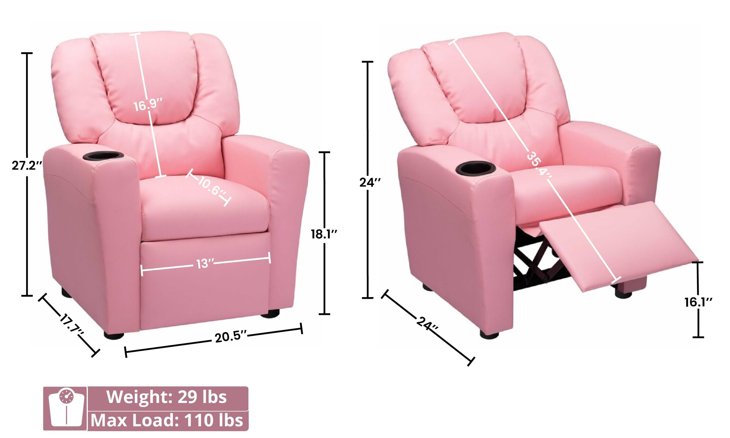 Suri Push Back Kids Recliner Chair with Footrest & Cup Holders