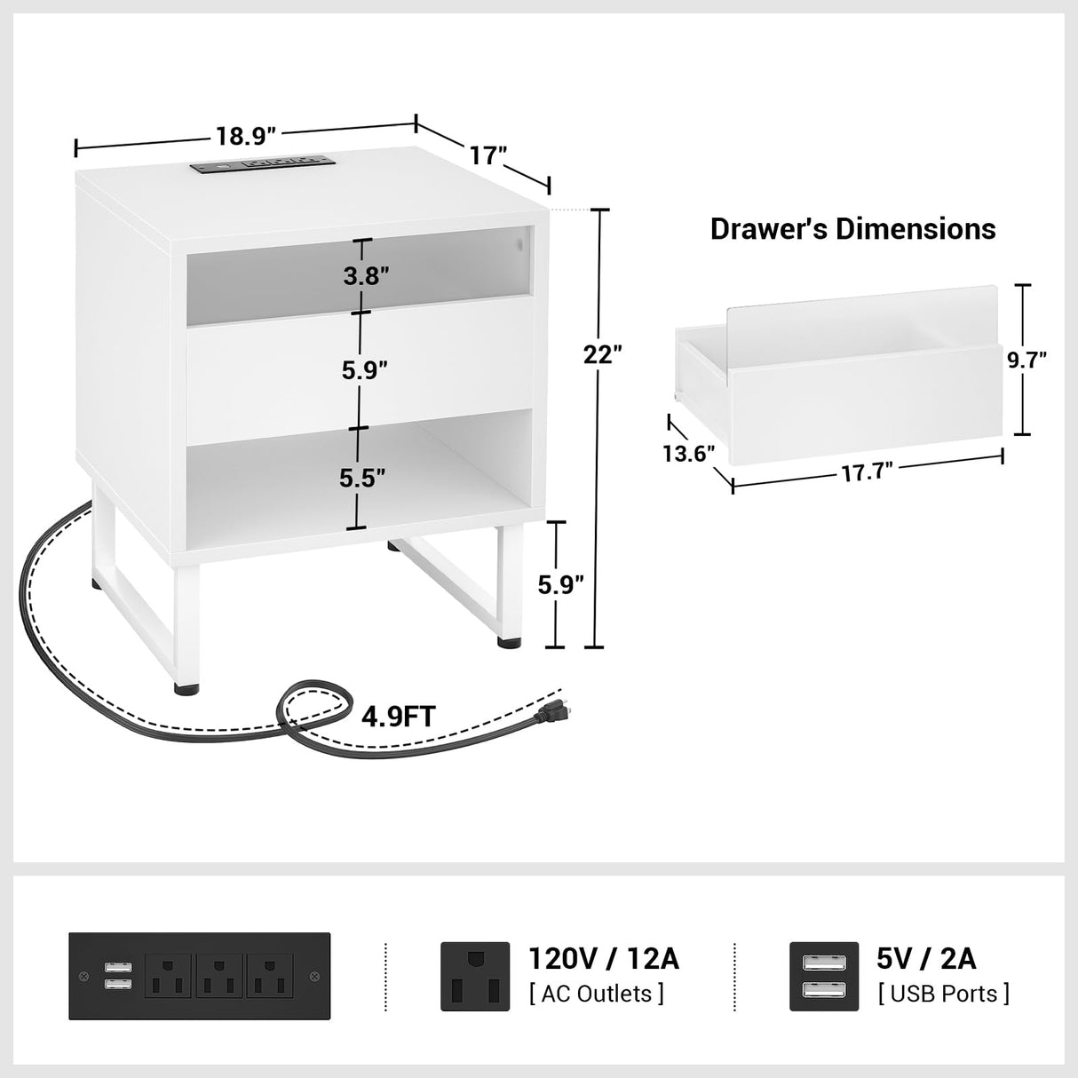 LED Nightstands Set of 2 with Charging Station, White Night Stand Set 2