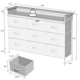 White Dresser with LED Light for Bedroom 9 Drawer Dressers with Charging Station