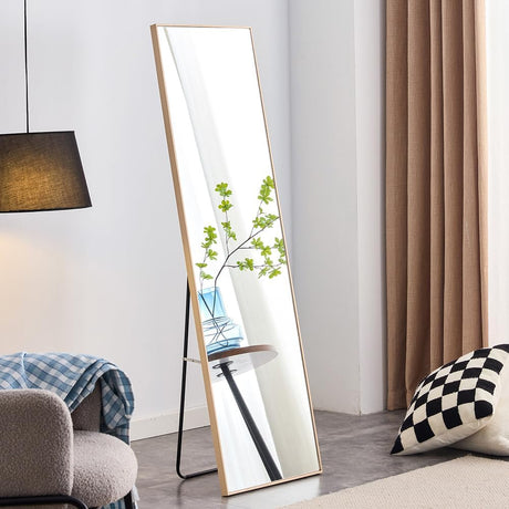 Full Length Mirror, Hanging Or Leaning Against Wall with Stand Solid Wood Frame, Floor Mirror for Bedroom Living Room Dressing Room Home Office Decoration Light Oak 60" *17.3"