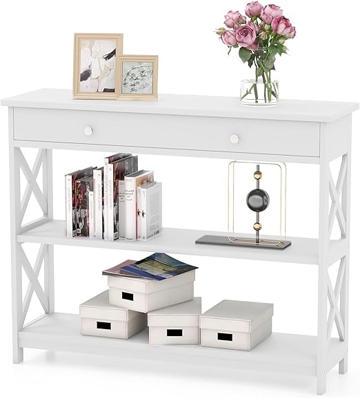 3-Tier Console Table, Wooden Sofa Tables Narrow Long with Large Drawer & 2 Open