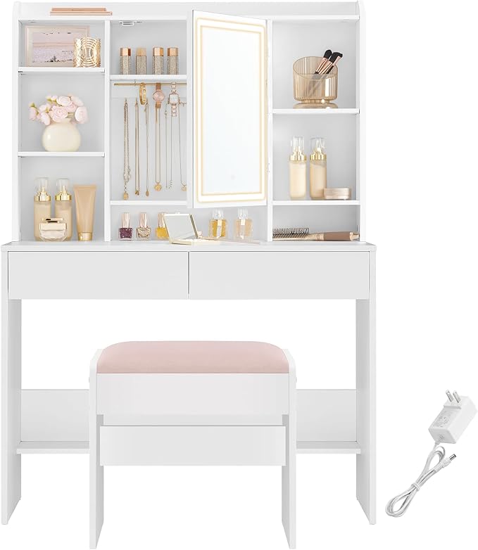 Desk with Power Outlets, Makeup Vanity with Mirror and Lights, Upholstered Vanity Stool,