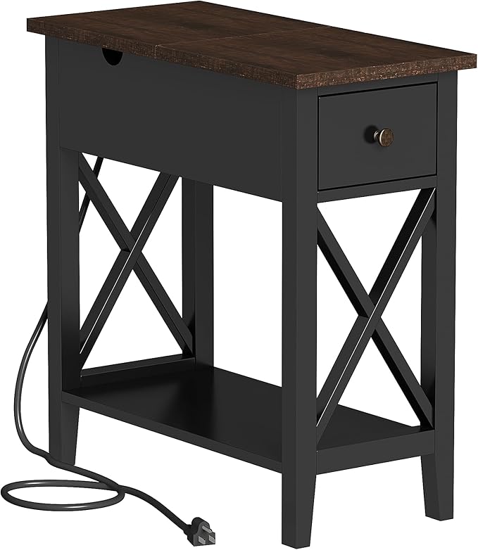 End Table with Charging Station, Narrow Side Table with USB Ports and Outlets