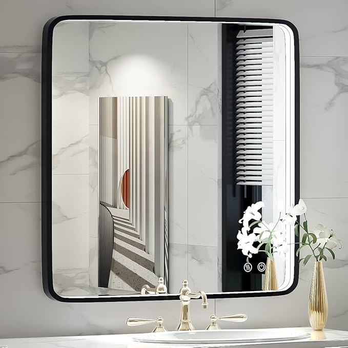 36x24 Inch LED Bathroom Mirror with Lights, Black Metal Frame Mirror