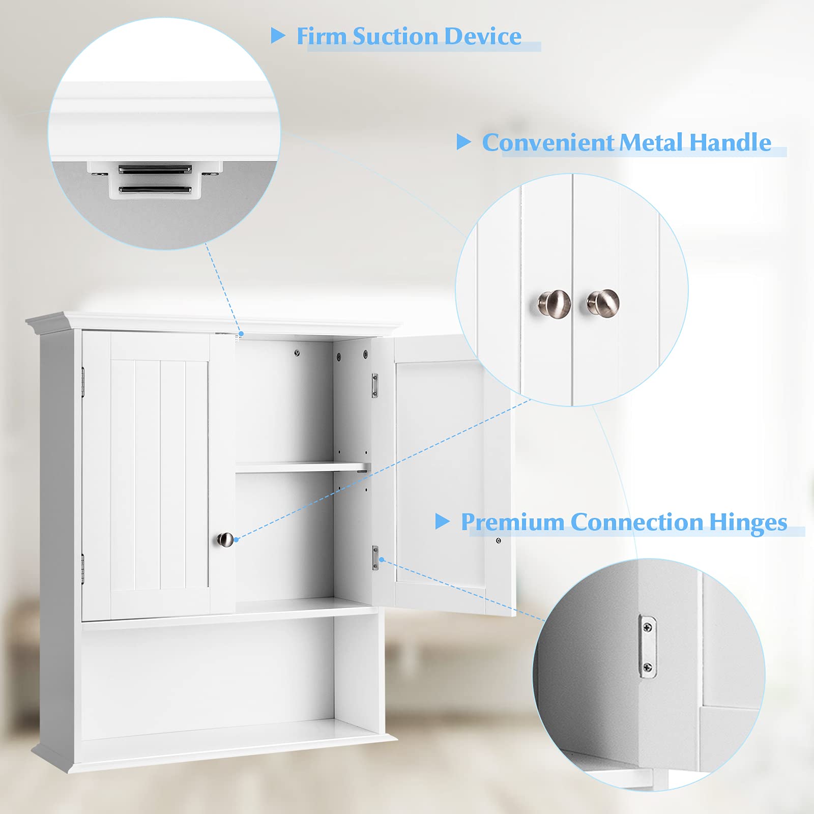 Bathroom Wall Cabinet, Wooden Hanging Storage Cabinet with Doors & Shelves,