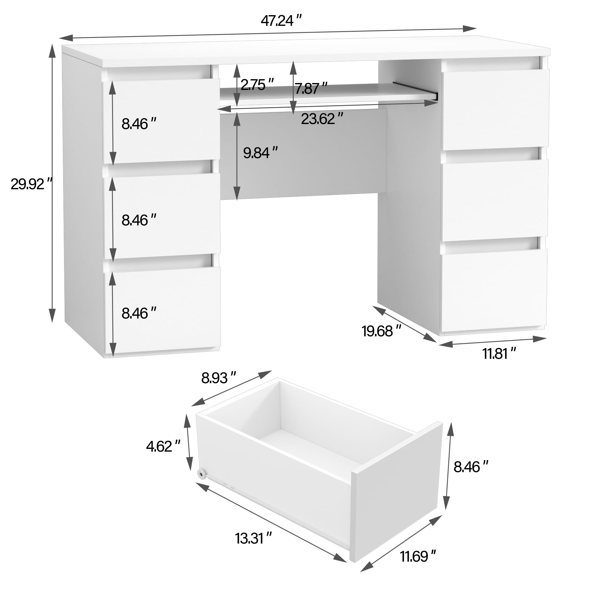 Computer Desk with Storage Shelf and 6 Drawers, 47 inch Writing Home Office Workstation,