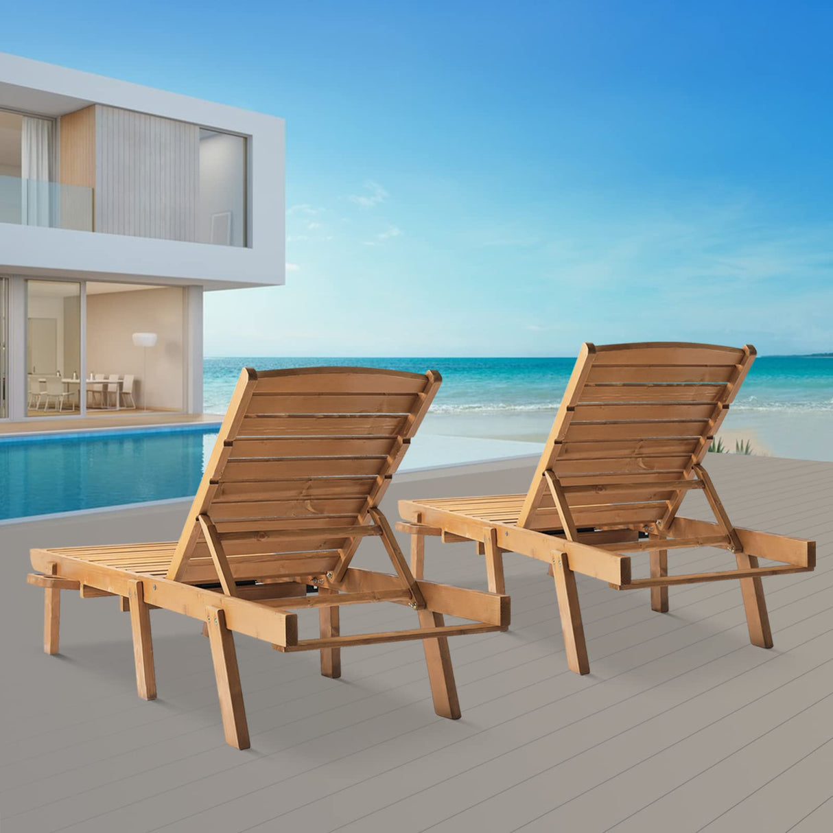 Wooden Chaise Lounge Set of 2, 2 PCS Patio Chaise Lounge Chairs with Cup Holder & Tray