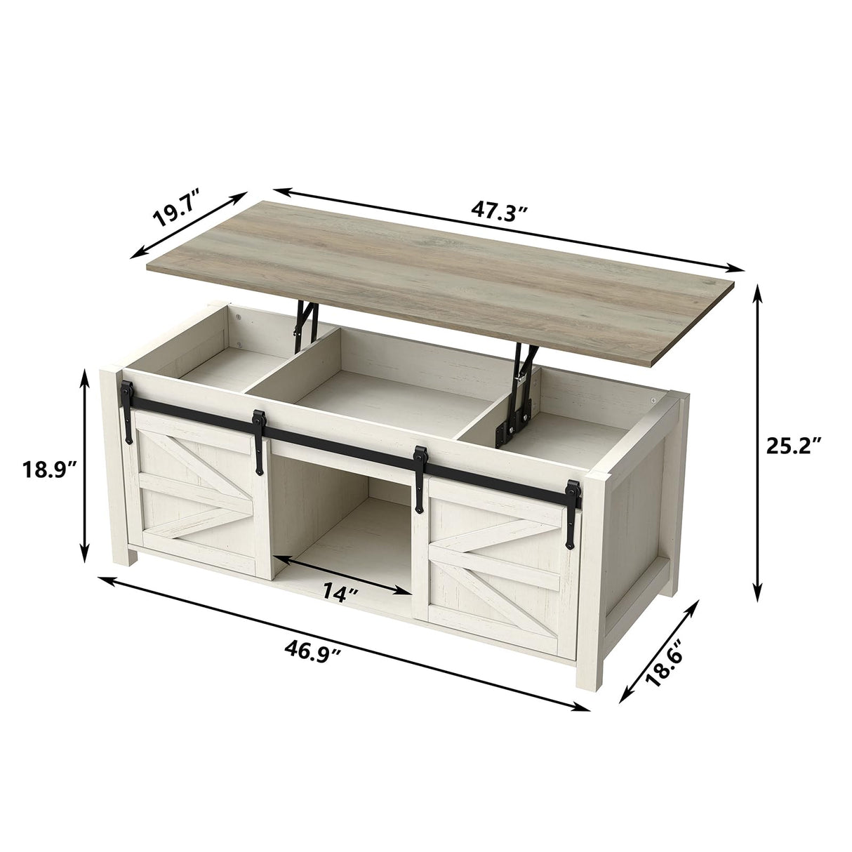 47.3''Lift Top Coffee Table, Farmhouse Center Table with Large Storage & Sliding Barn Door