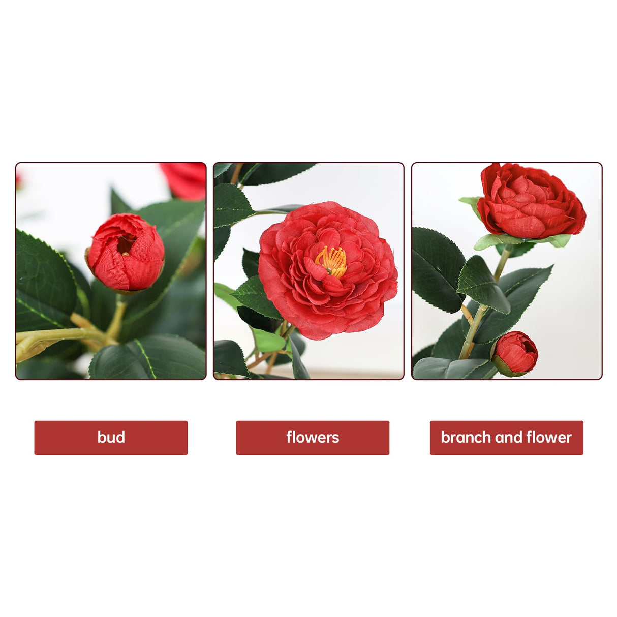 2Pack Artificial Camellia Tree 3FT, Red Faux Camellia Plant Fake Potted Camellia Flower