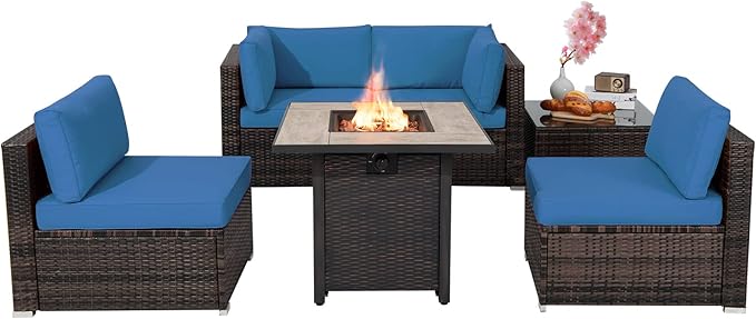 6 Piece Outdoor Rattan Sofa Set with 30in Propane Gas Fire Table