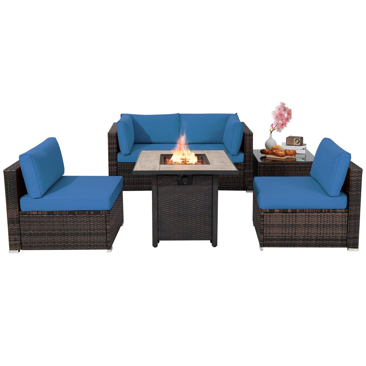 6 Piece Outdoor Rattan Sofa Set with 30in Propane Gas Fire Table