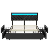 Full Bed Frame with LED Lights and Drawers, PU Leather Bed with Charging Station,