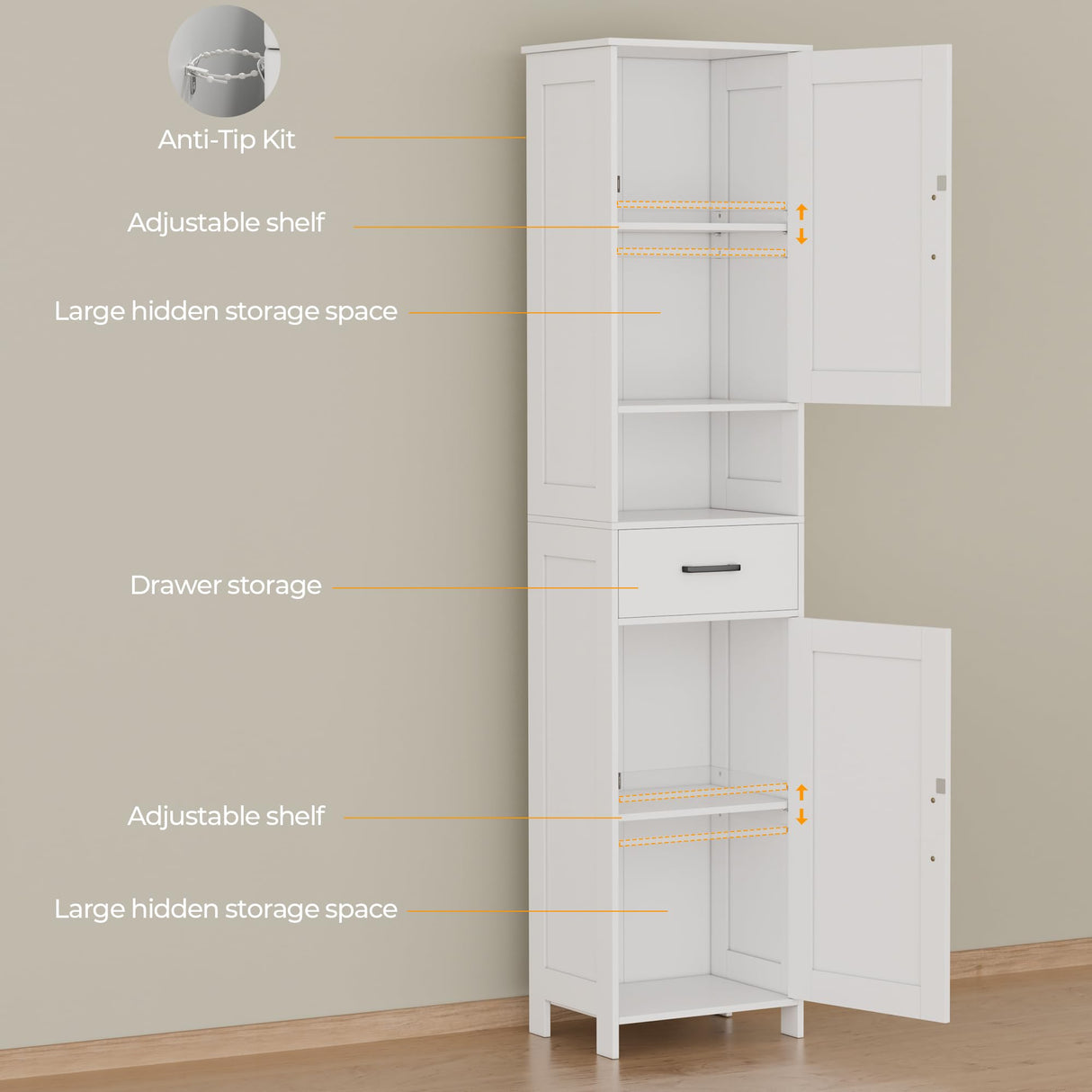 67" H Tall Bathroom Storage Cabinet with 2 Barn Doors and 1 Drawer, Narrow Storage Unit