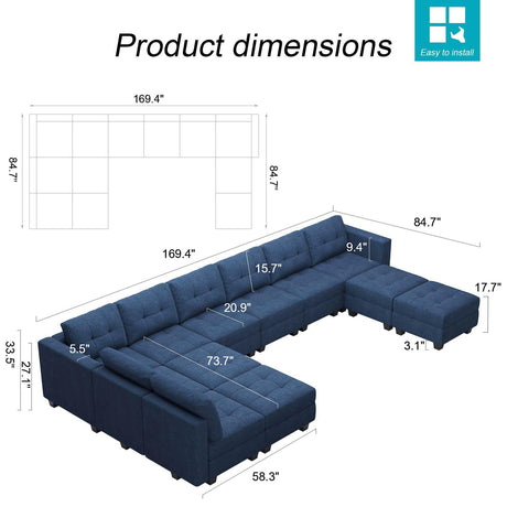 Belffin Modular Sectional Sofa Couch Oversied U Shaped Sofa Set with Storage Seats Convertible Sectional Sleeper Sofa with Reversible Chaise Blue