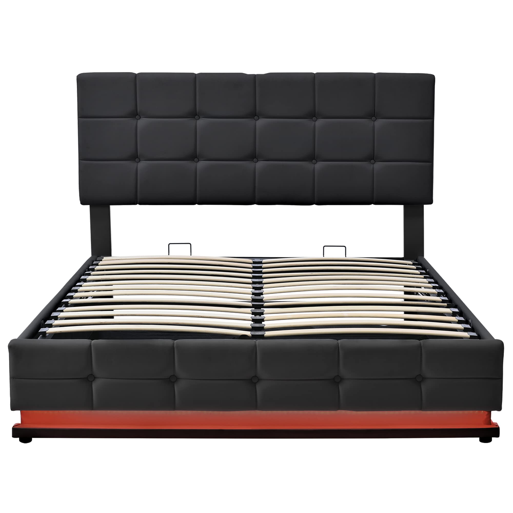 Modern Queen Bed with 2 Nightstands, Black, Platform Bed, LED Lights, Lift-up Storage