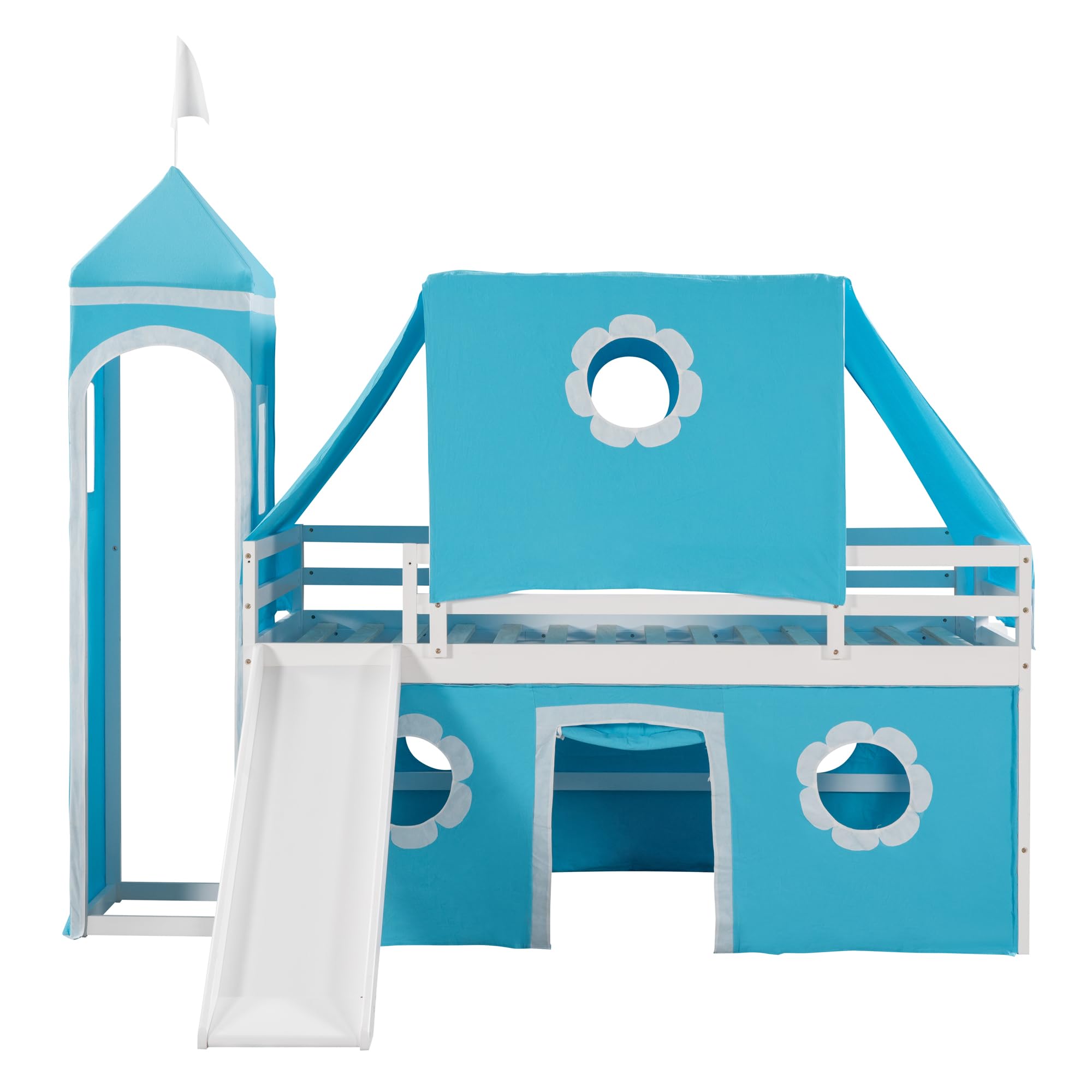 Twin Size Low Loft Bed with Slide for Kids Bedroom,Solid Wood Bedframe w/House Shaped