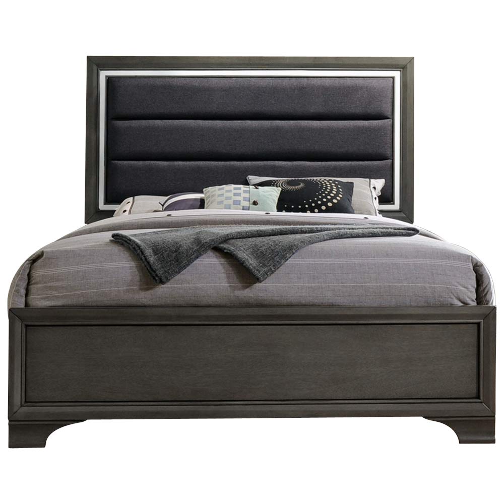 6-Piece Gray Wood with Faux Leather Headboard Queen Bedroom Set. Bed, Dresser, Mirror, Chest, 2 Night Stands