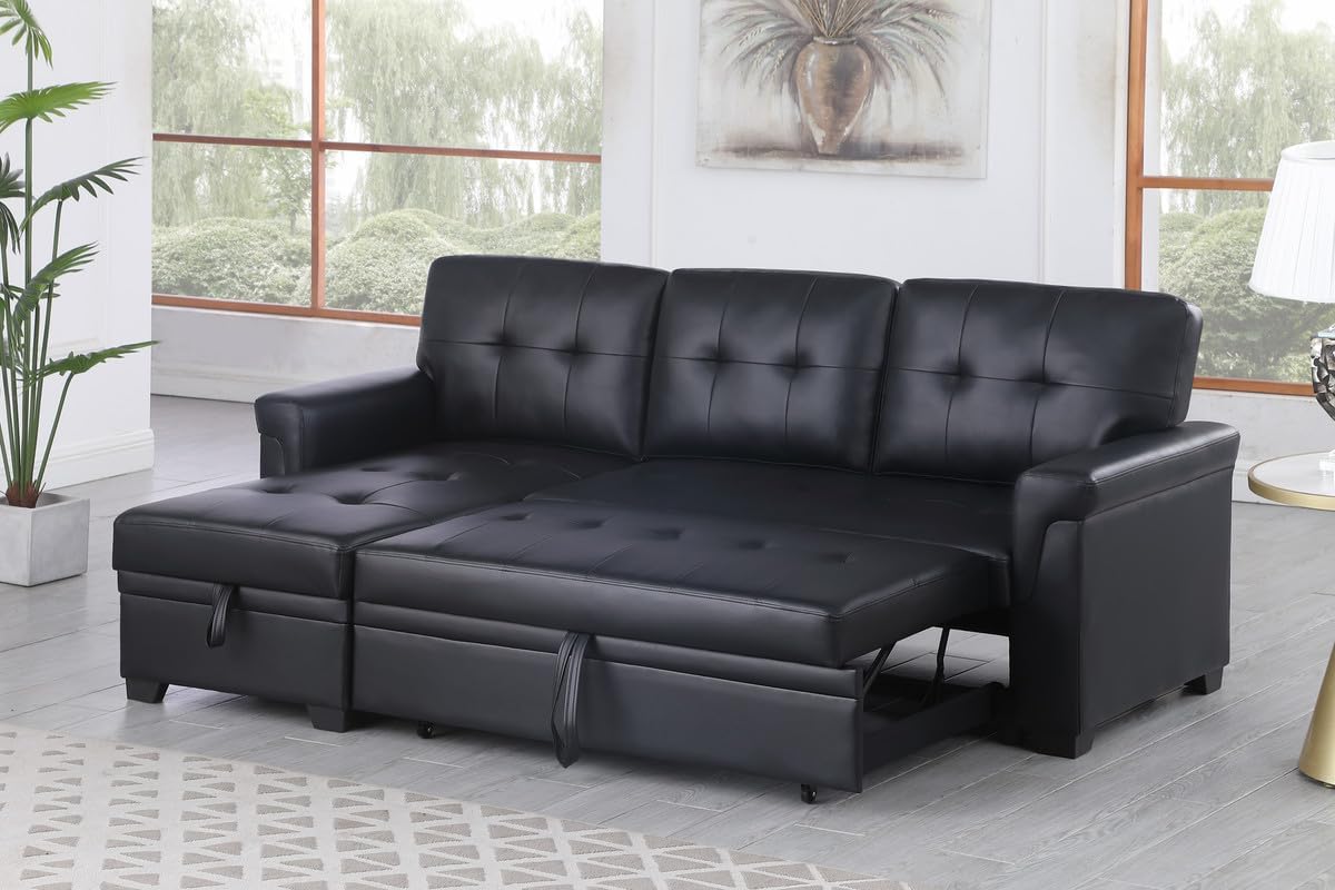 Lexi 83.5" W Black Vegan Leather Modern Reversible Sleeper Sectional Sofa with Storage Chaise