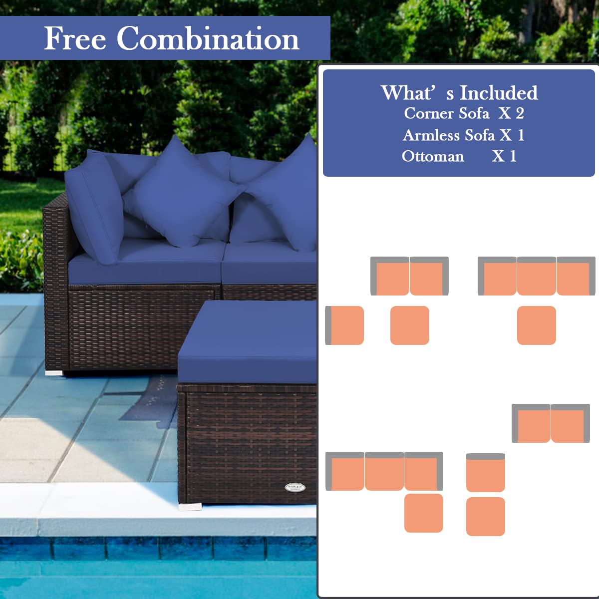 Patio Rattan Furniture Set Sofa Ottoman Cushion Garden Deck Navy