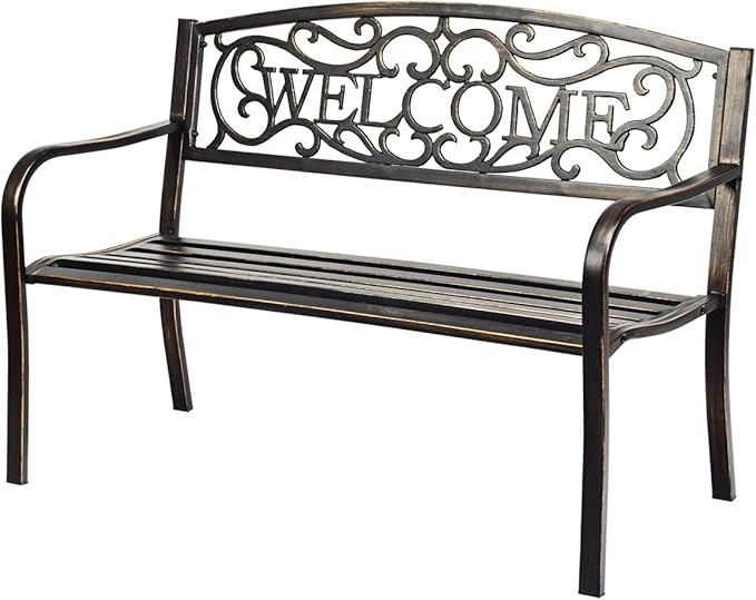 Garden Bench, Antique Metal Outside Bench w/Warm Welcome Pattern