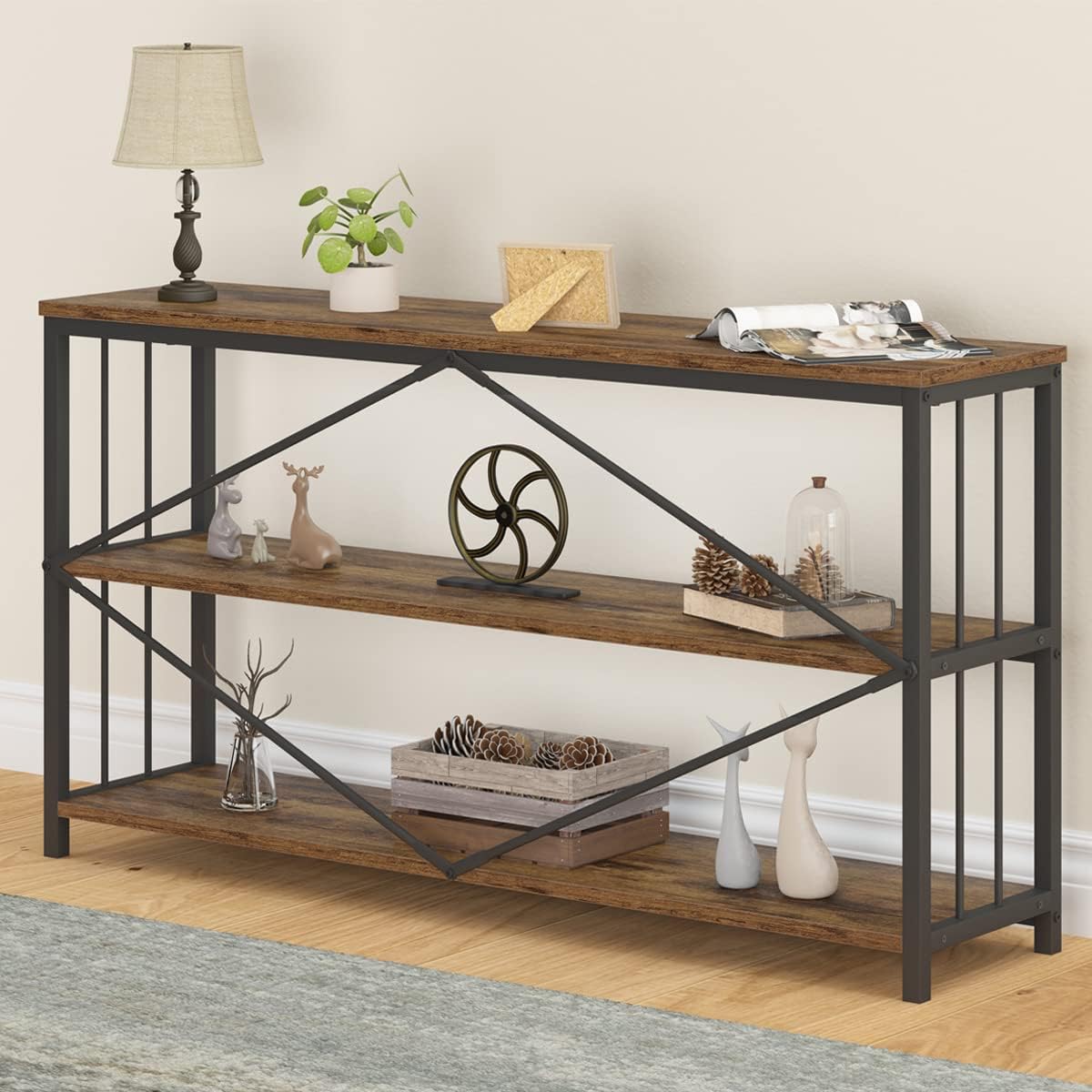 Industrial Console Entryway Table, Metal Wood Rustic Sofa Table with Storage