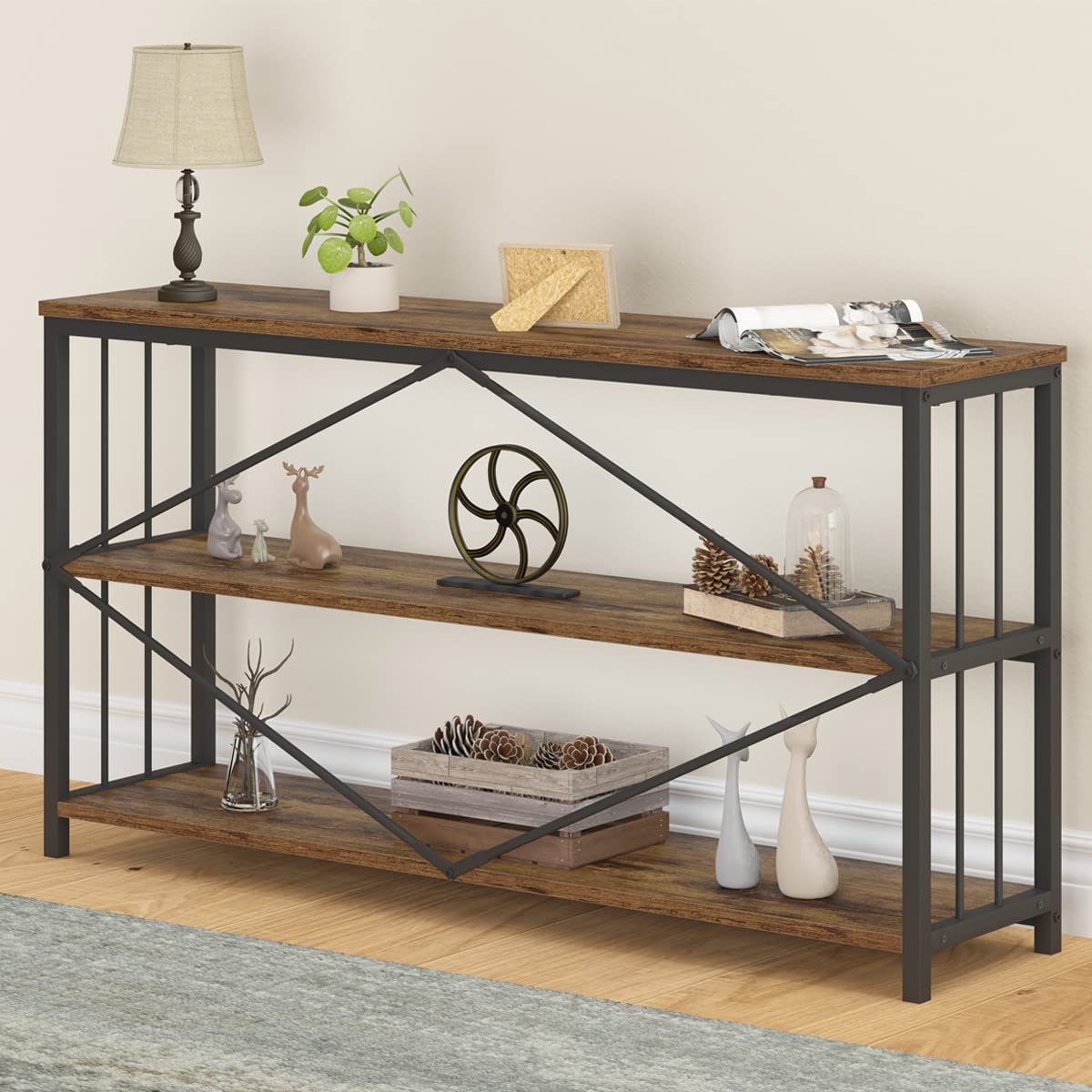 Industrial Console Entryway Table, Metal Wood Rustic Sofa Table with Storage