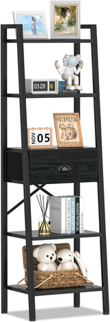 5 Tier Ladder Shelf with Drawer, Tall Bookshelf Storage Shelves, Bookcase Standing Shelf