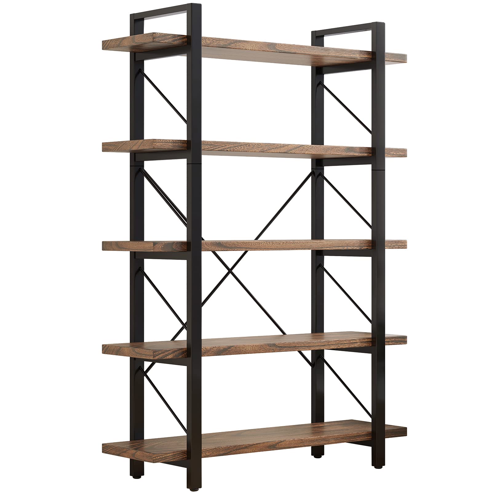 5-Tier Bookshelf Large Etagere Book Shelves,Industrial Style Bookcase and Book Shelves,Open Large Real Wood Bookshelfs,Retro Brown for Living Room Office, Retro Brown (LZ01-5tier-PLUS)