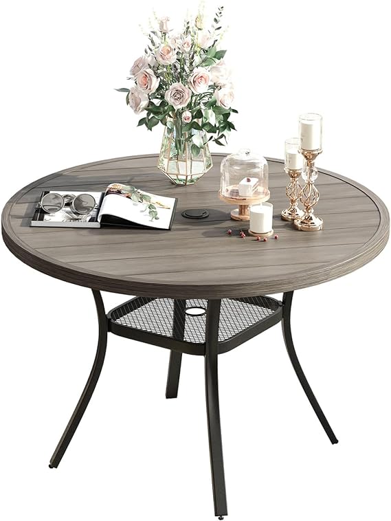 Metal Patio Dining Table for 4, 42" Grey Wood-Like Outdoor Round Table