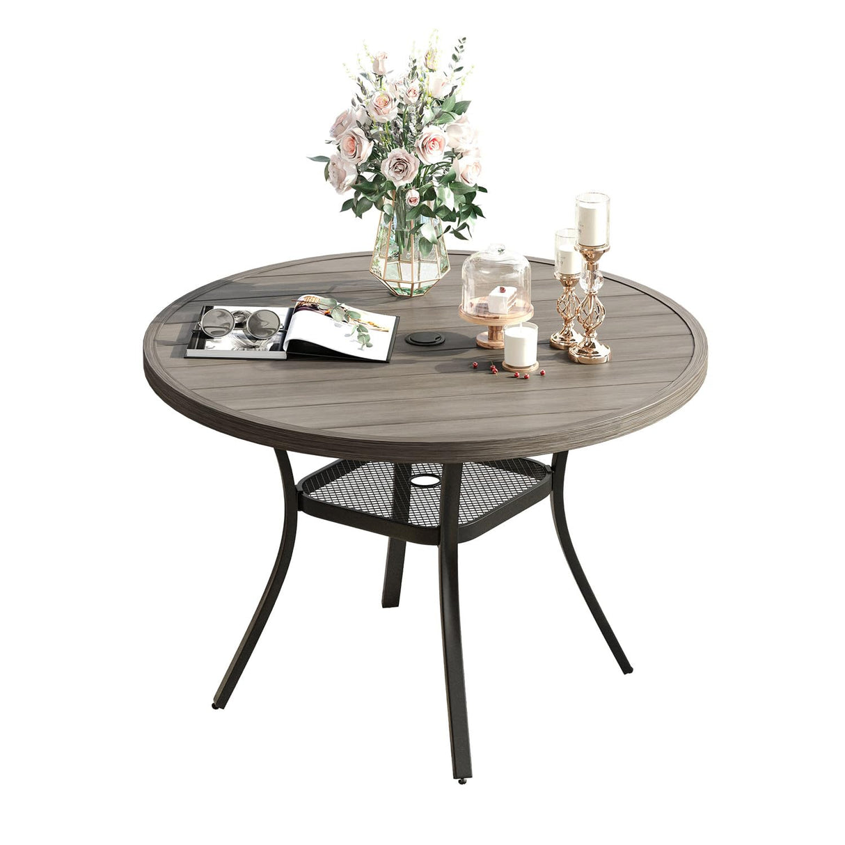 Metal Patio Dining Table for 4, 42" Grey Wood-Like Outdoor Round Table