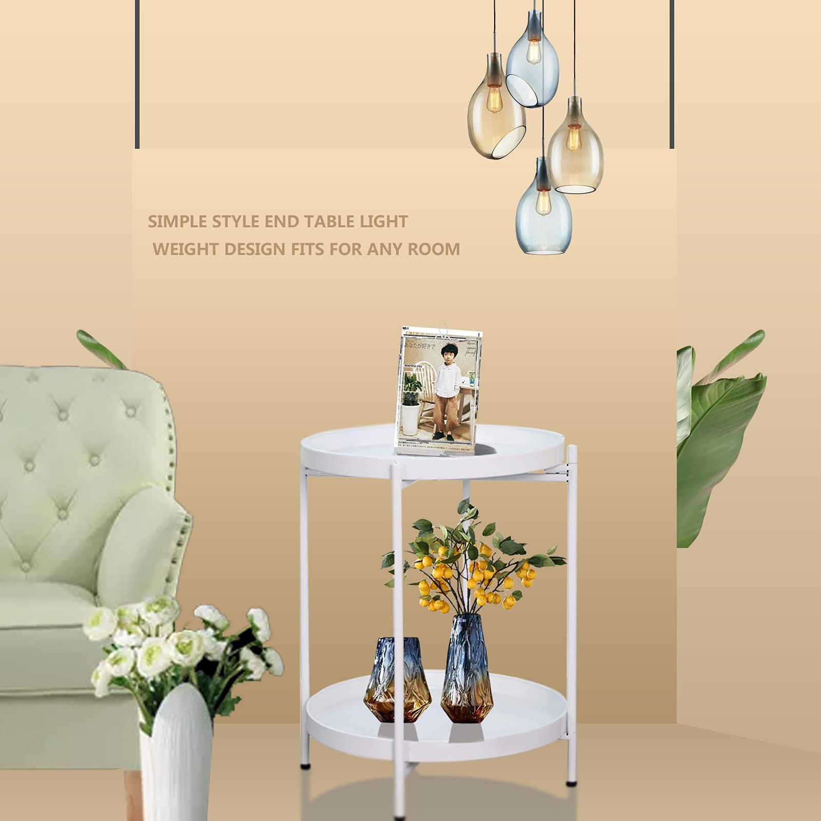 End Table 2-Tier Metal Round Accent Anti-Rust Waterproof Simplistic Sofa Side Table