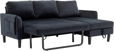 Modern L-Shaped Sofa Bed with Chaise Longue, Black 3-Seat Couch with Pull-Out Bed and Storage