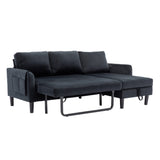 Modern L-Shaped Sofa Bed with Chaise Longue, Black 3-Seat Couch with Pull-Out Bed and Storage