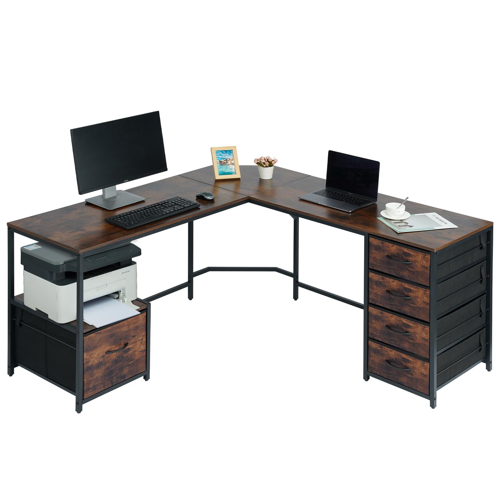 Desk Corner Computer Desk with 18.9" Depth Workstation, Cloth File Cabinet for Letter Size File Folder and 4 Cloth Storage Cabinets (Rustic Brown, 59 * 59 inch)