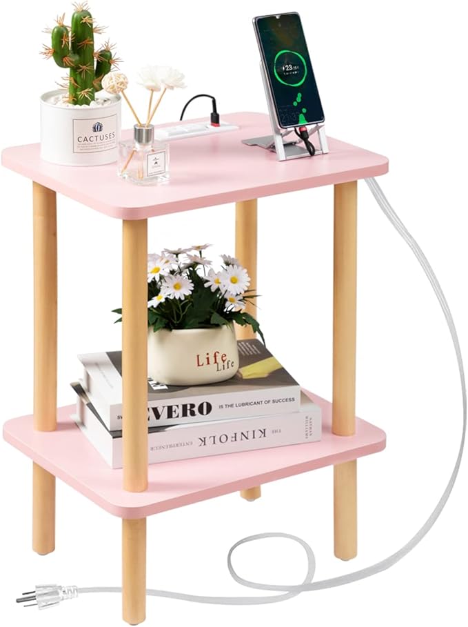 Side Table, End Table with Charging Station, Small Bedside Table Small Side