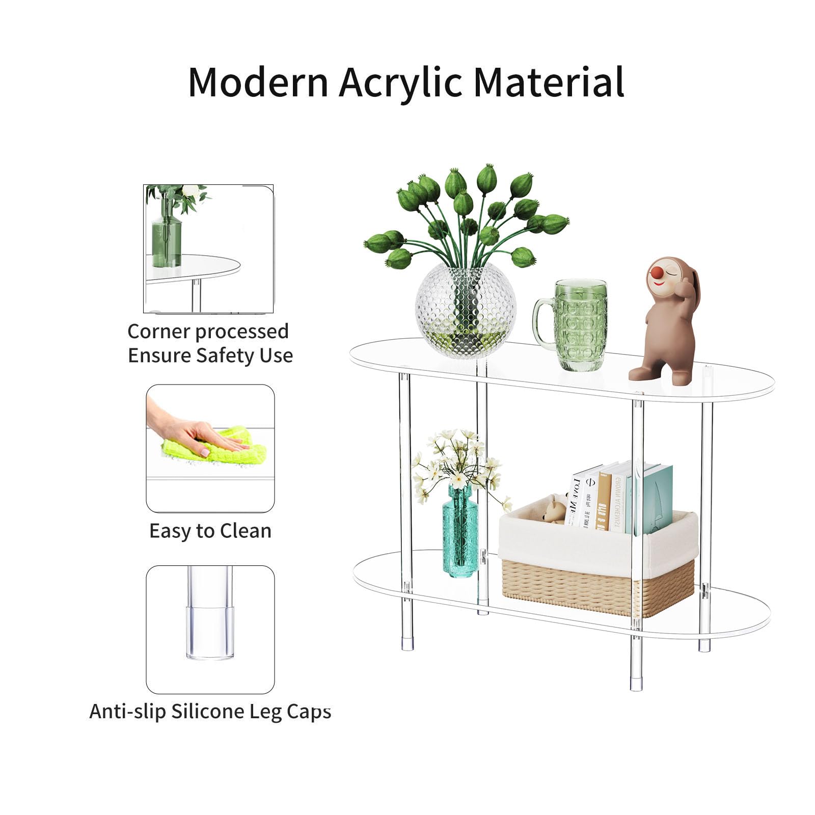 Clear Acrylic Console Table - 2 Tier Oval Storage Shelf