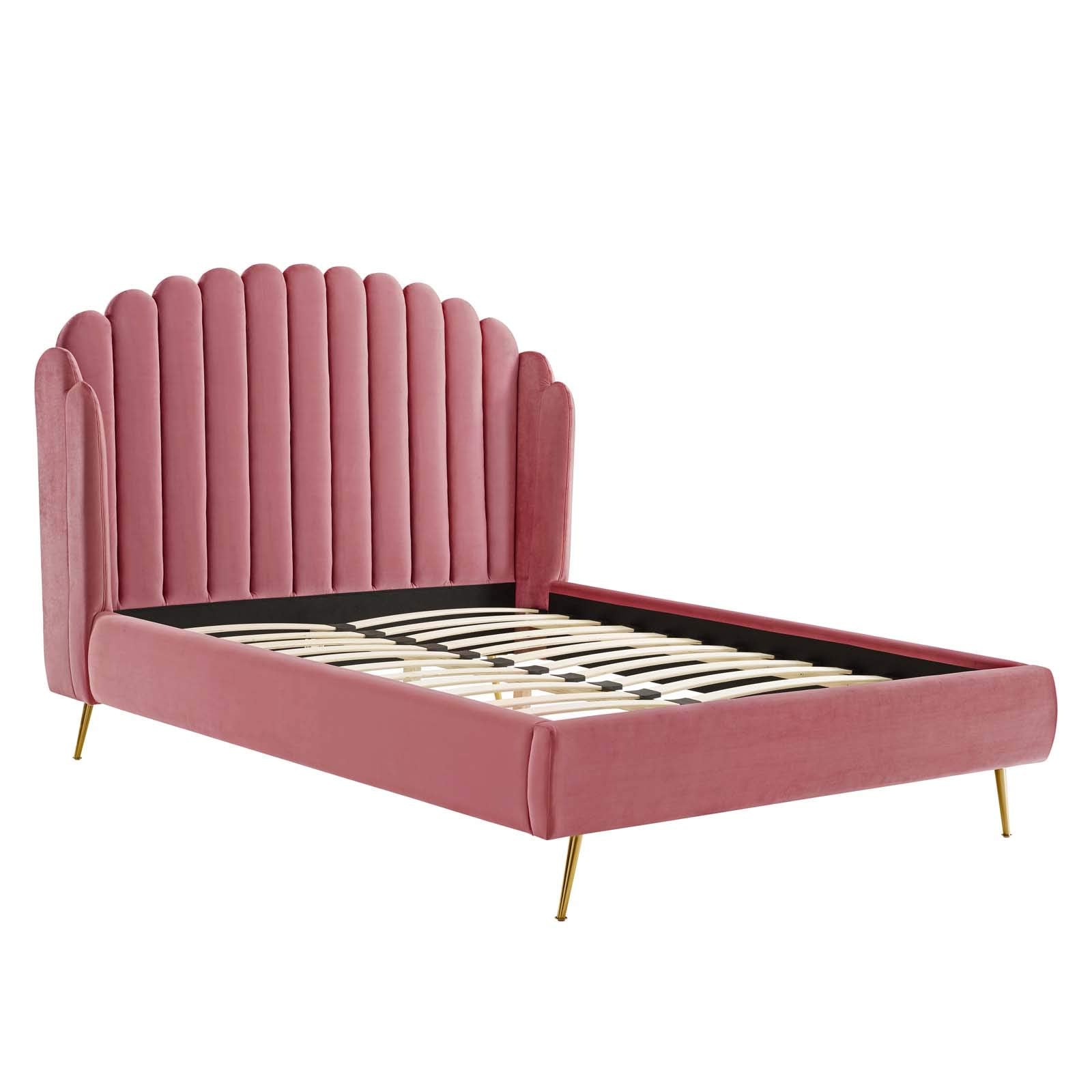 Lana Queen Wingback Platform Bed - Dusty Rose Velvet
