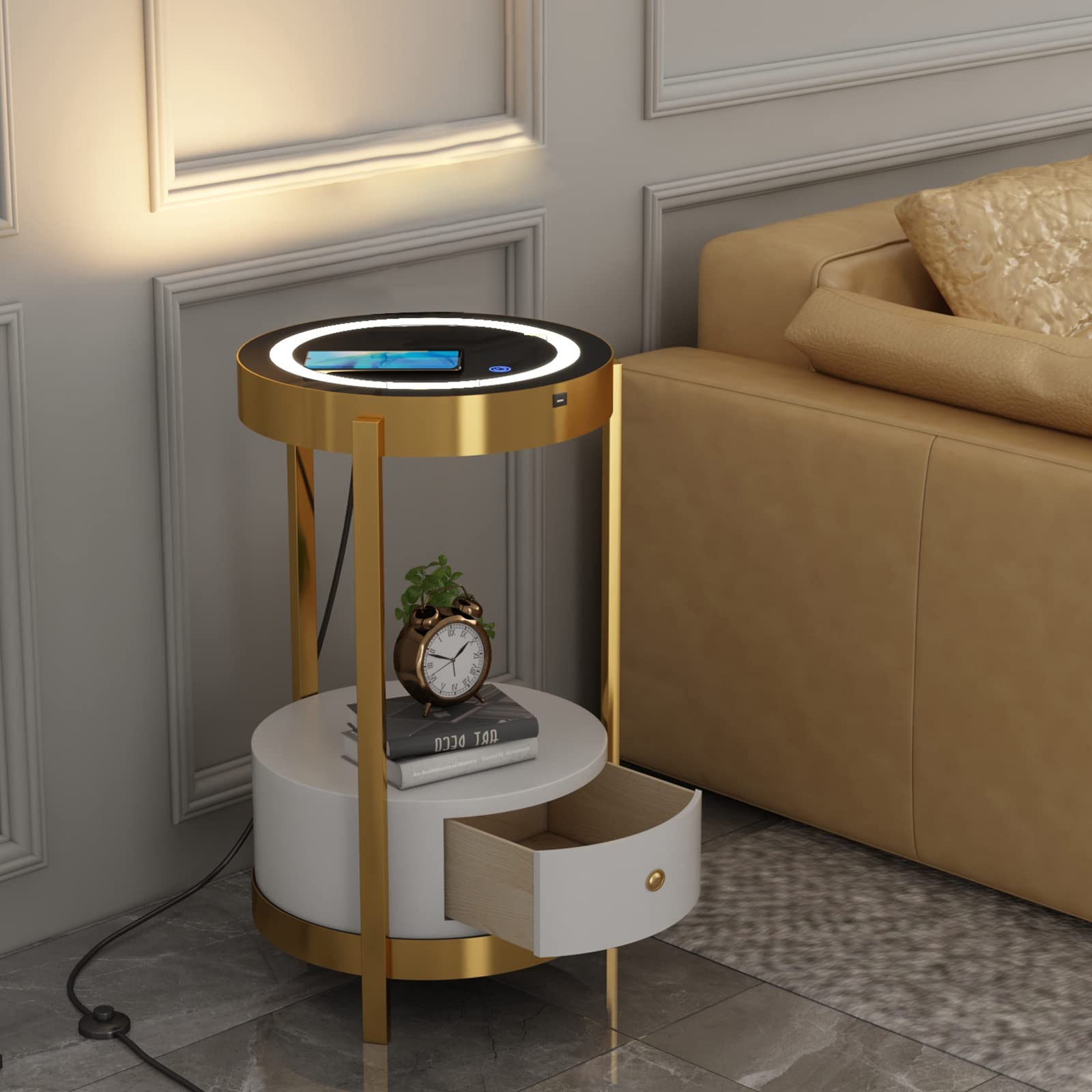 Gold Smart Led Nightstand with White Drawers,14in Sofa Round End Table with USB &