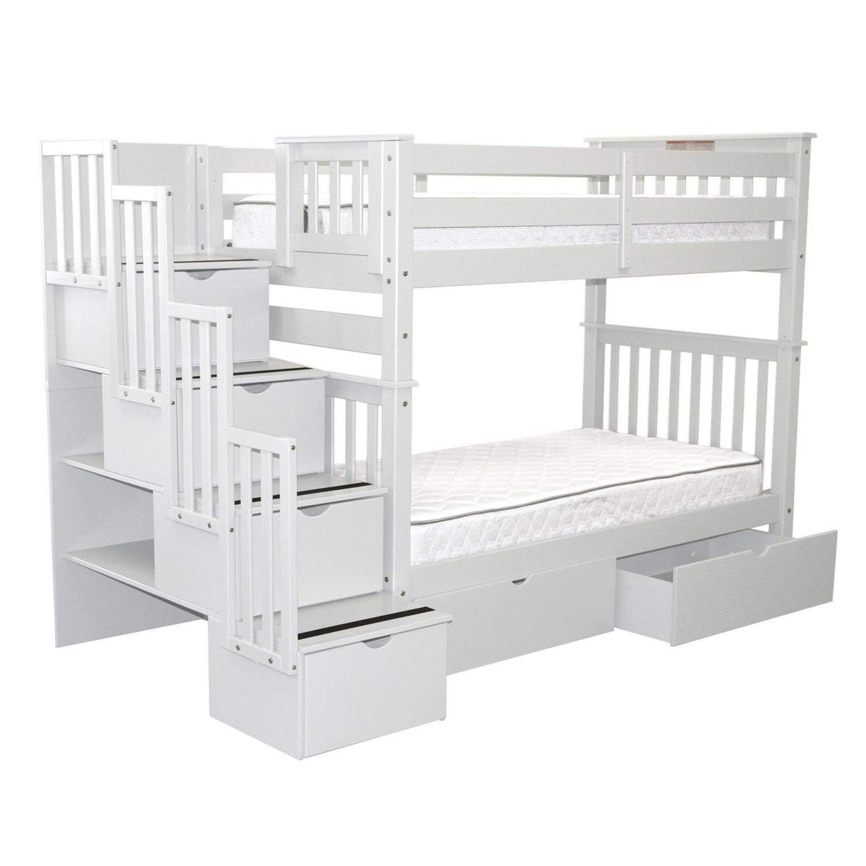 Bedz King Tall Stairway Bunk Beds Twin over Twin with 4 Drawers in the Steps and 2 Under Bed Drawers, White