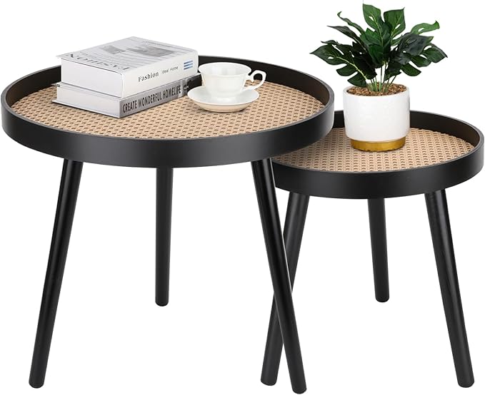 Black Small Accent Table, Modern Boho Bedside Mid-Century Patio Side End Tables