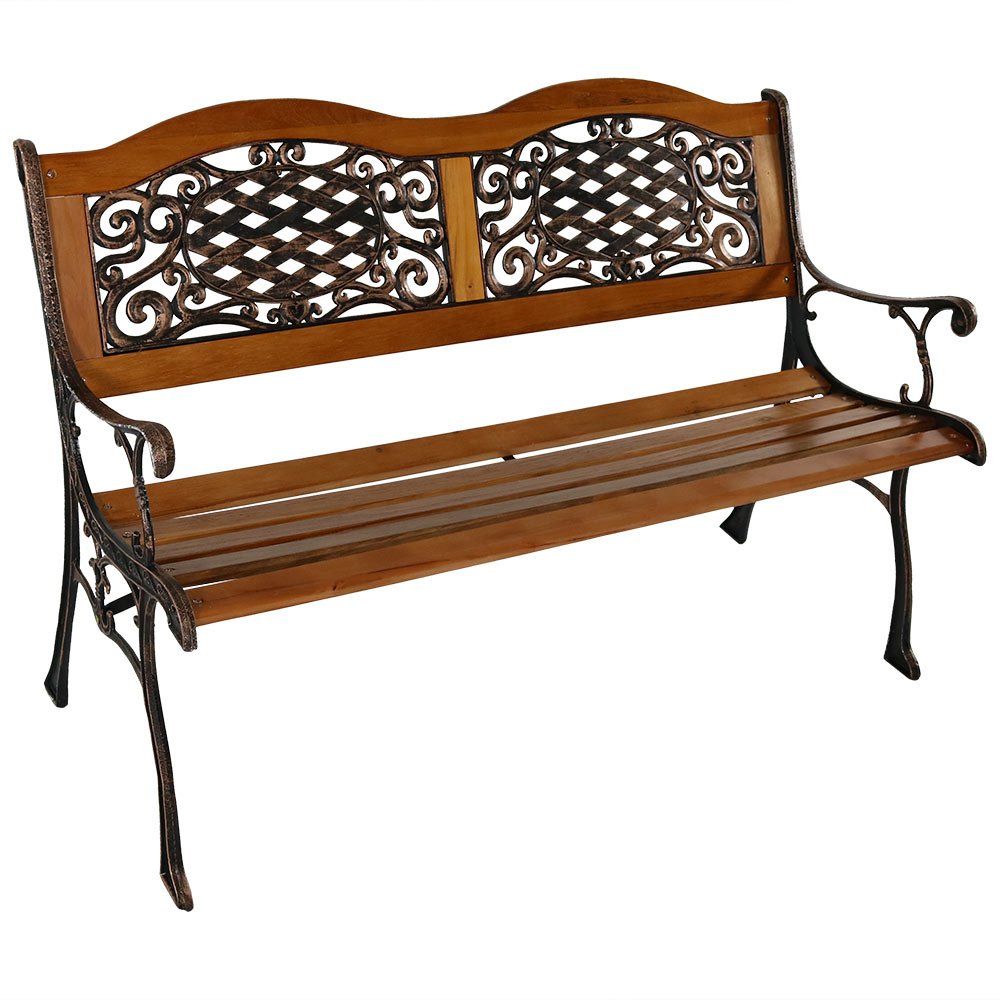 49-Inch Cast Iron and Wood 2-Person Garden Bench with Ivy Crossweave Design