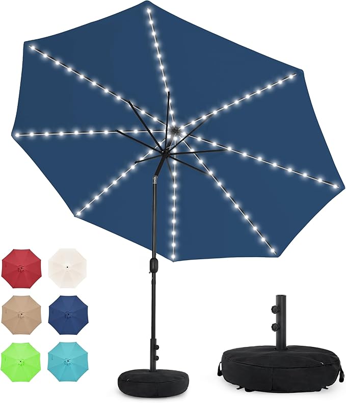 Solar 80 LED 9 ft Patio Umbrella with Sand Bag Umbrella Base