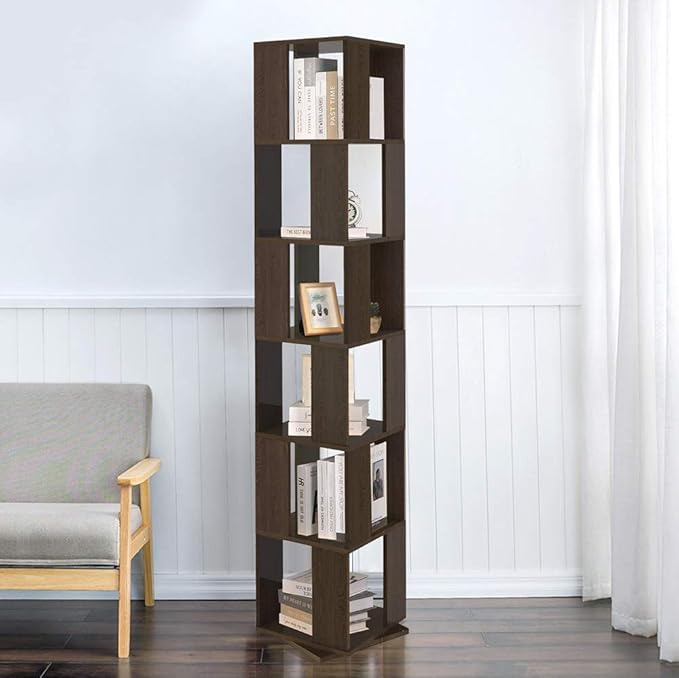 6 Tier Wooden Bookcase Corner Tall Book Shelf Modern 360° Rotating Storage Display Rack Floor